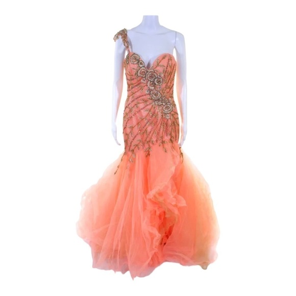 NWT SHERRI HILL One Shoulder Embellished Mermaid Tulle Gown Pastel Orange Size 6 - Picture 6 of 12